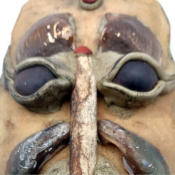 Handmade African Tribal Mask Ethnic Shell Feathers Bone Nuts Wall Decor - Picture 7 of 9